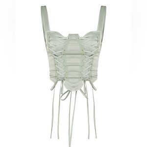 Sage Khaki Satin Lace Up Front Detail Sleeveless Corset